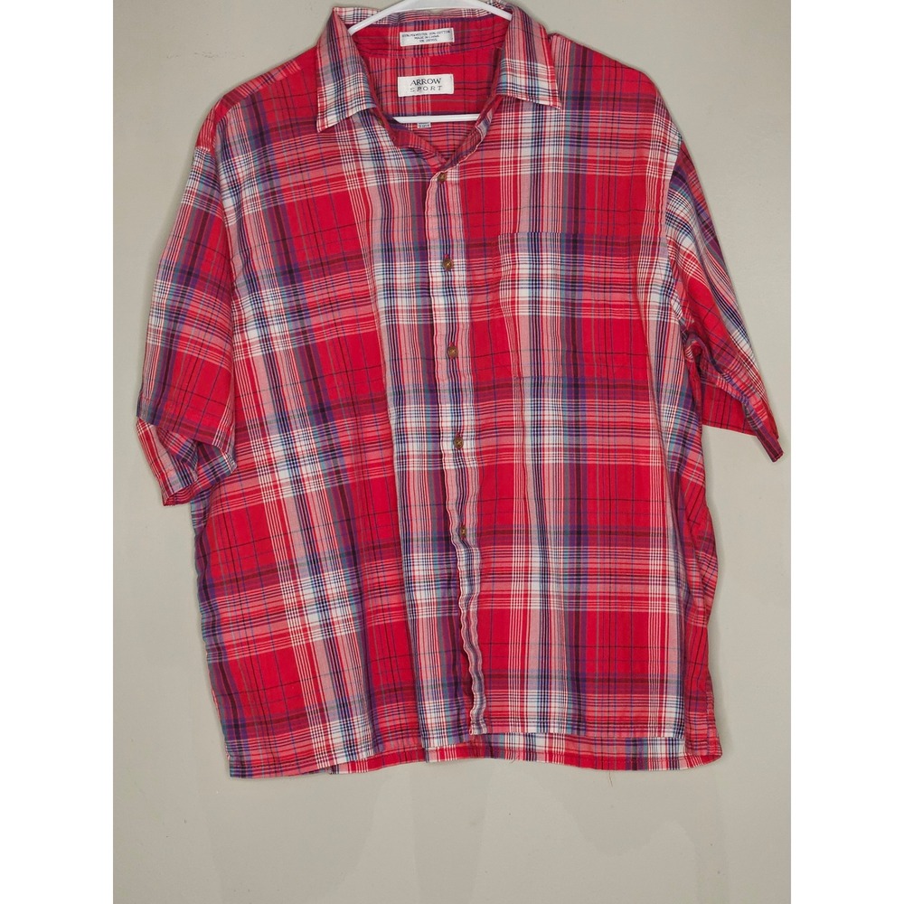 Vintage Arrow Sport Mens XL Red‎ Plaid Short Sleeve Button Up Casual Shirt Y2K